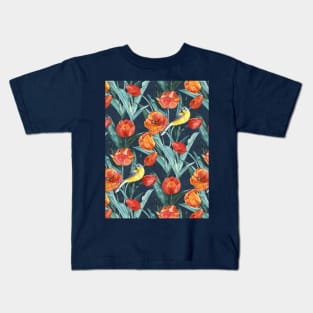 Blue Headed Wagtail in the Tulips - Indigo and Orange Kids T-Shirt